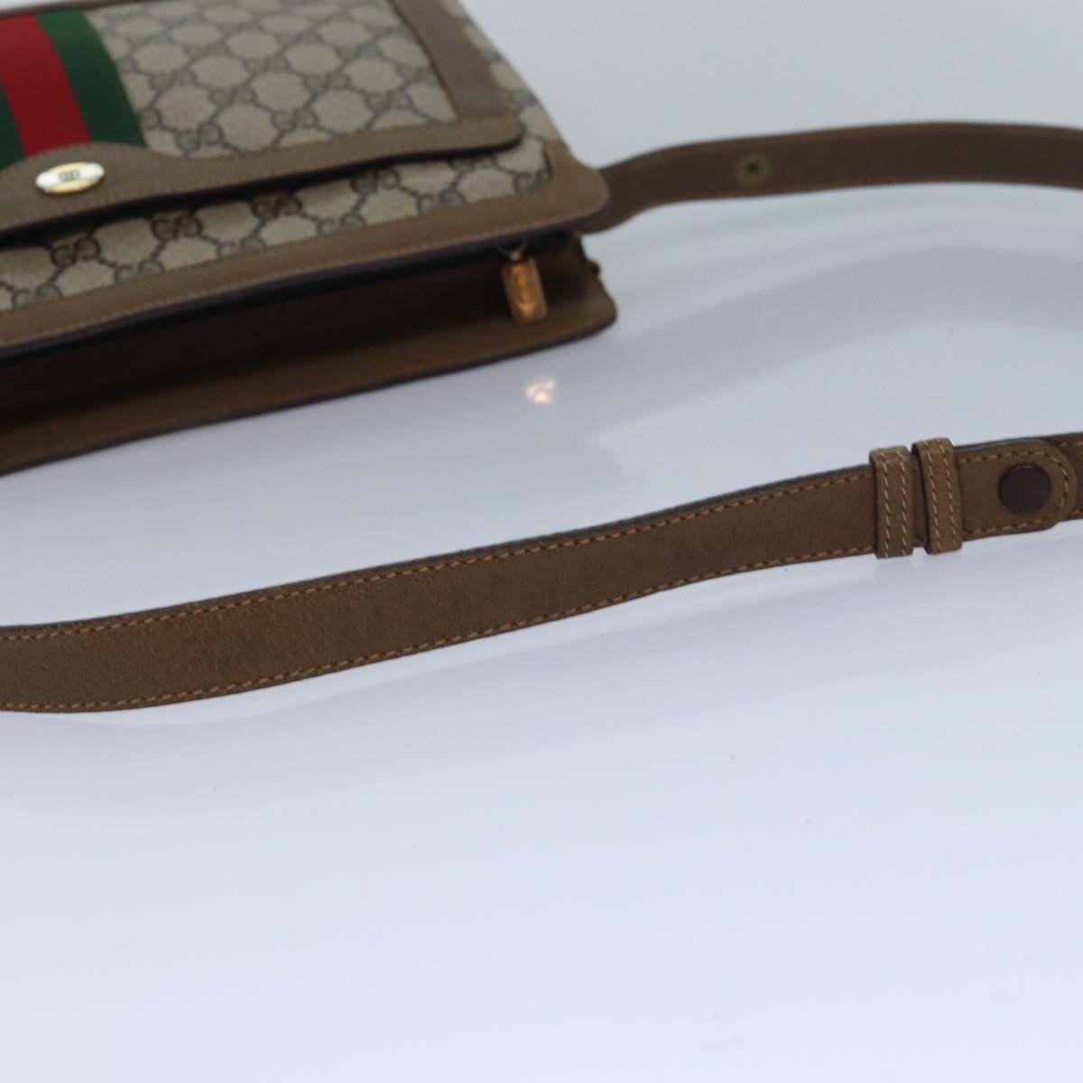 GUCCI GG Canvas Web Sherry Line Shoulder Bag PVC Leather Beige Green Auth 83269