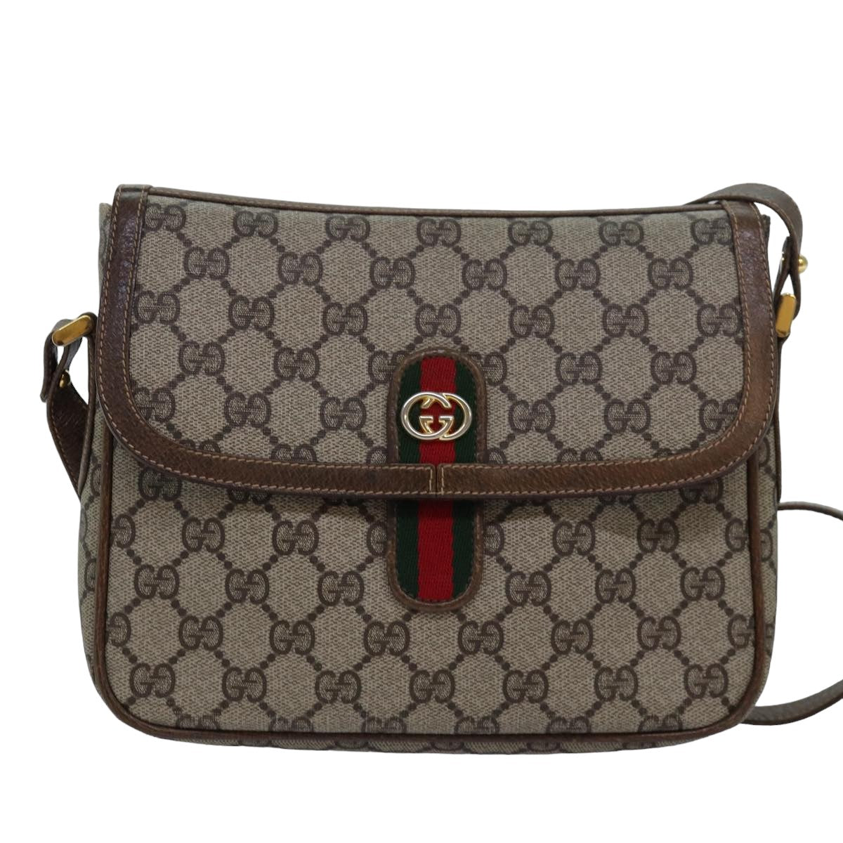 GUCCI GG Canvas Web Sherry Line Shoulder Bag PVC Leather Beige Green Auth 83285