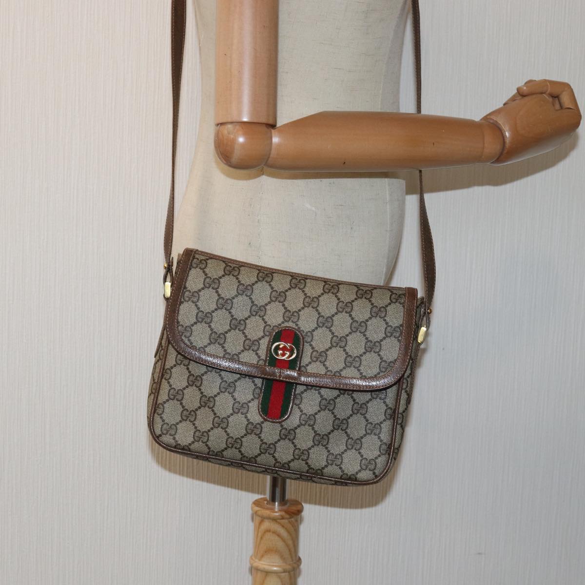 GUCCI GG Canvas Web Sherry Line Shoulder Bag PVC Leather Beige Green Auth 83285