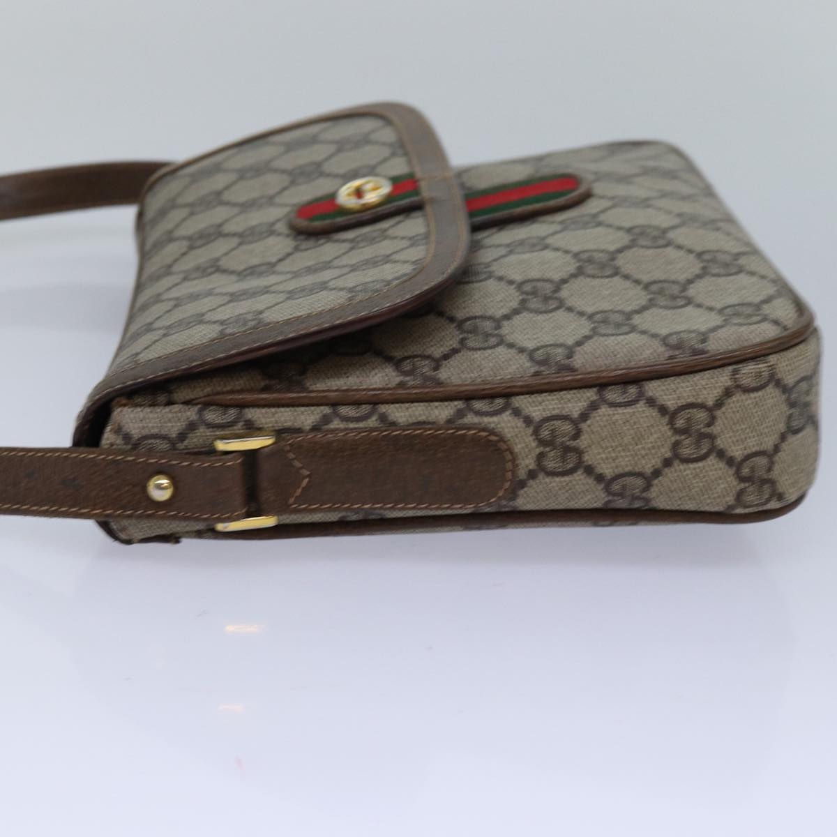 GUCCI GG Canvas Web Sherry Line Shoulder Bag PVC Leather Beige Green Auth 83285