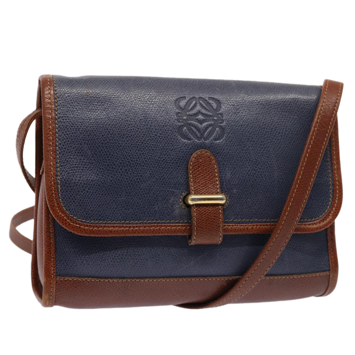 LOEWE anagram Shoulder Bag Leather Blue Brown Auth 83287