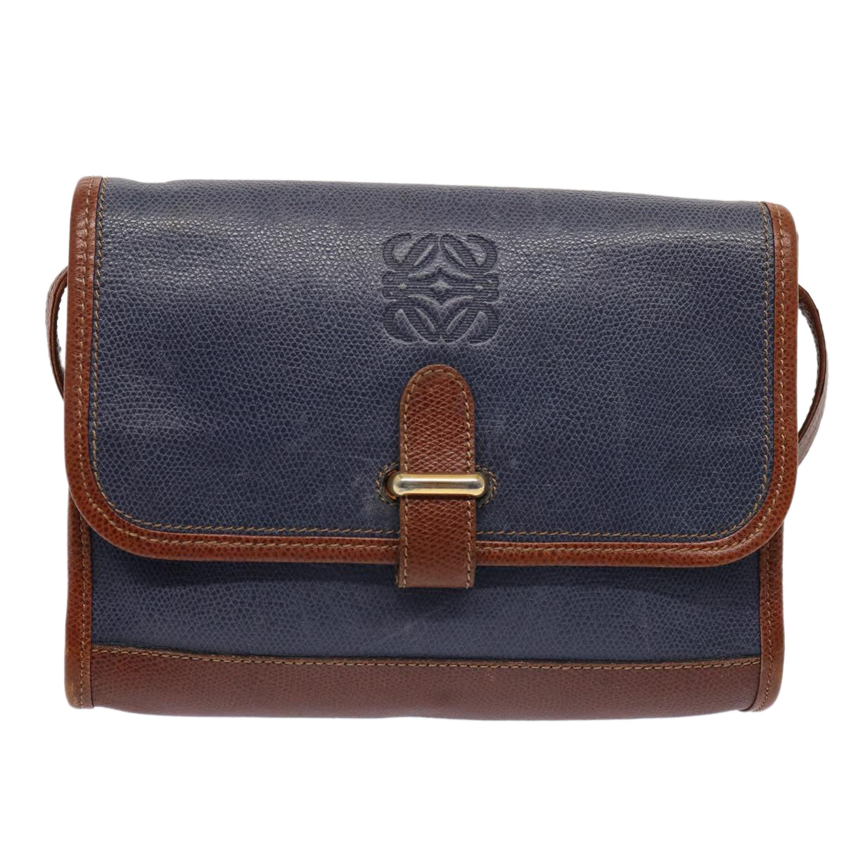 LOEWE anagram Shoulder Bag Leather Blue Brown Auth 83287