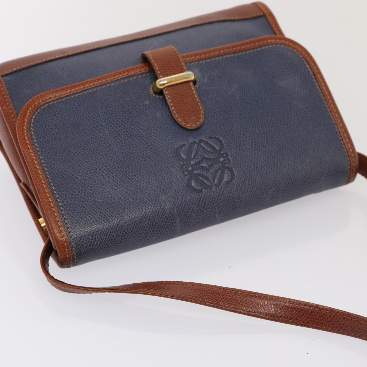 LOEWE anagram Shoulder Bag Leather Blue Brown Auth 83287