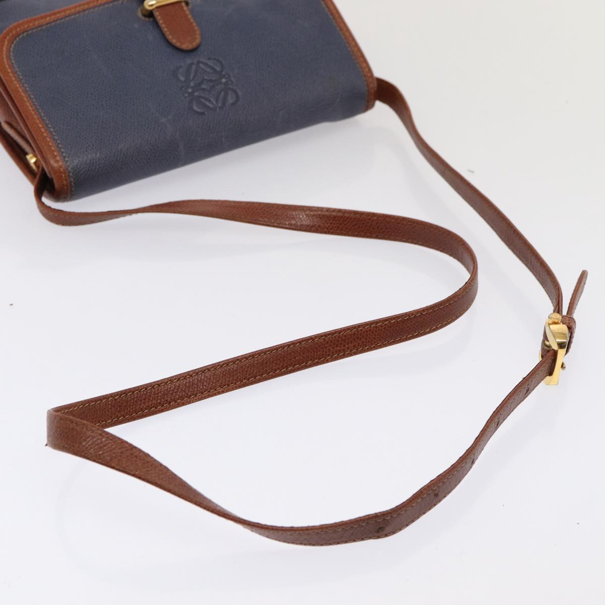 LOEWE anagram Shoulder Bag Leather Blue Brown Auth 83287