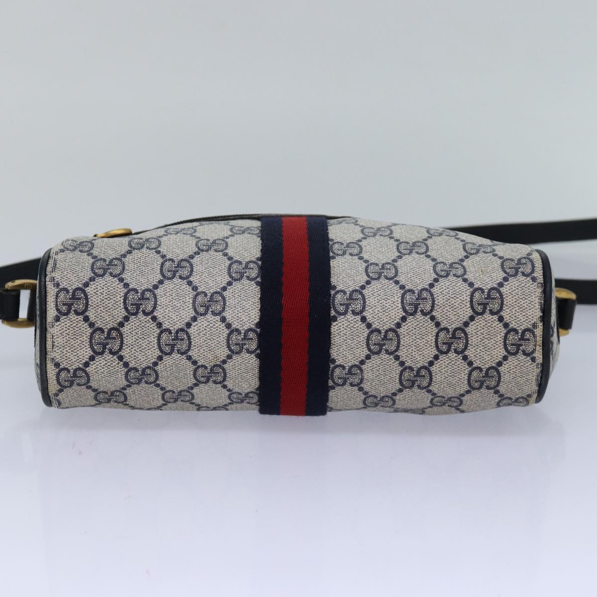 GUCCI GG Canvas Sherry Line Shoulder Bag PVC Leather Navy Red Auth 83291