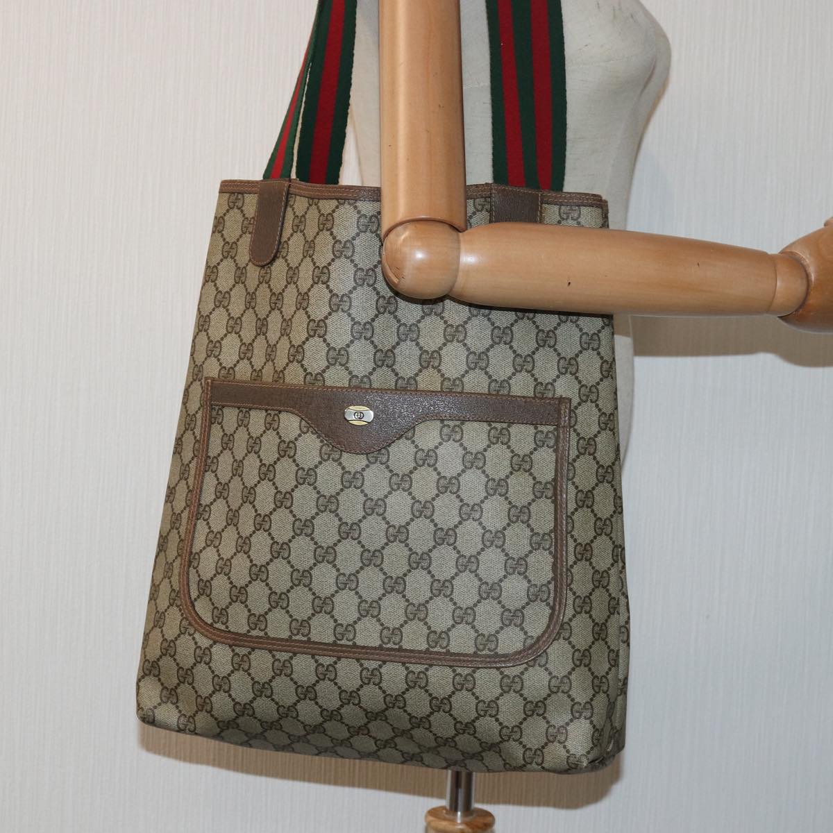 GUCCI GG Supreme Web Sherry Line Tote Bag PVC Leather Beige 39 02 003 Auth 83298