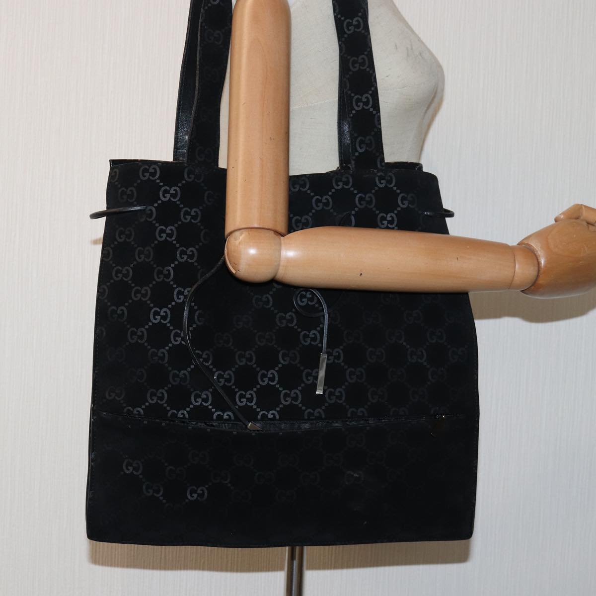 GUCCI GG Canvas Tote Bag Suede Black 002 1052 001998 Auth 83300