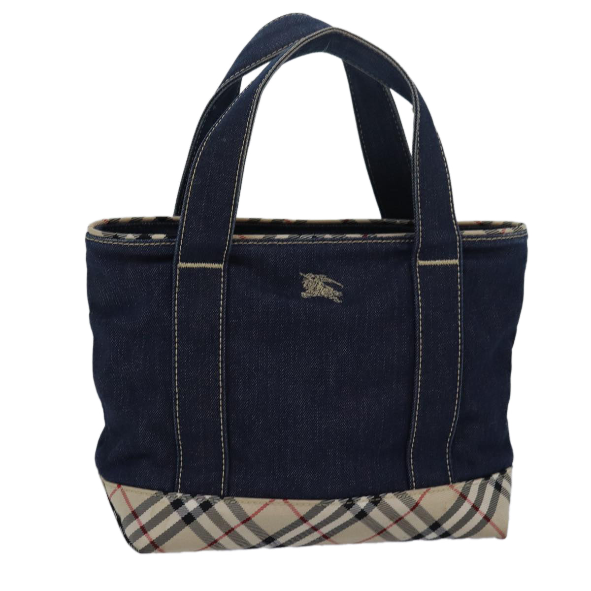 BURBERRY Denim Nova Check Blue Label Hand Bag Navy Beige Auth 83301