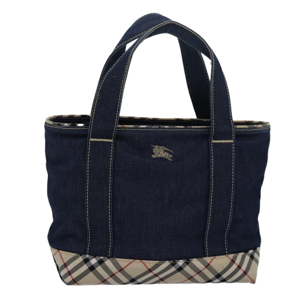 BURBERRY Denim Nova Check Blue Label Hand Bag Navy Beige Auth 83301