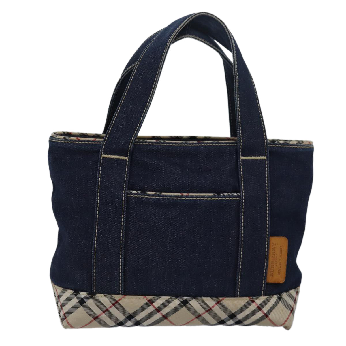 BURBERRY Denim Nova Check Blue Label Hand Bag Navy Beige Auth 83301