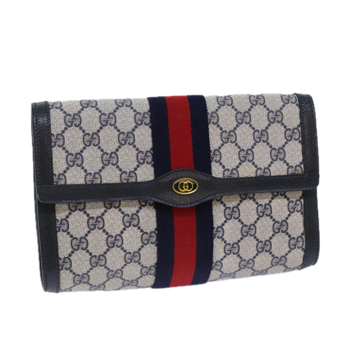 GUCCI GG Supreme Sherry Line Clutch Bag PVC Red Navy 89 01 006 Auth 83303