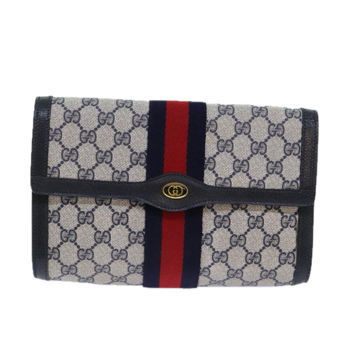 GUCCI GG Supreme Sherry Line Clutch Bag PVC Red Navy 89 01 006 Auth 83303 - 0