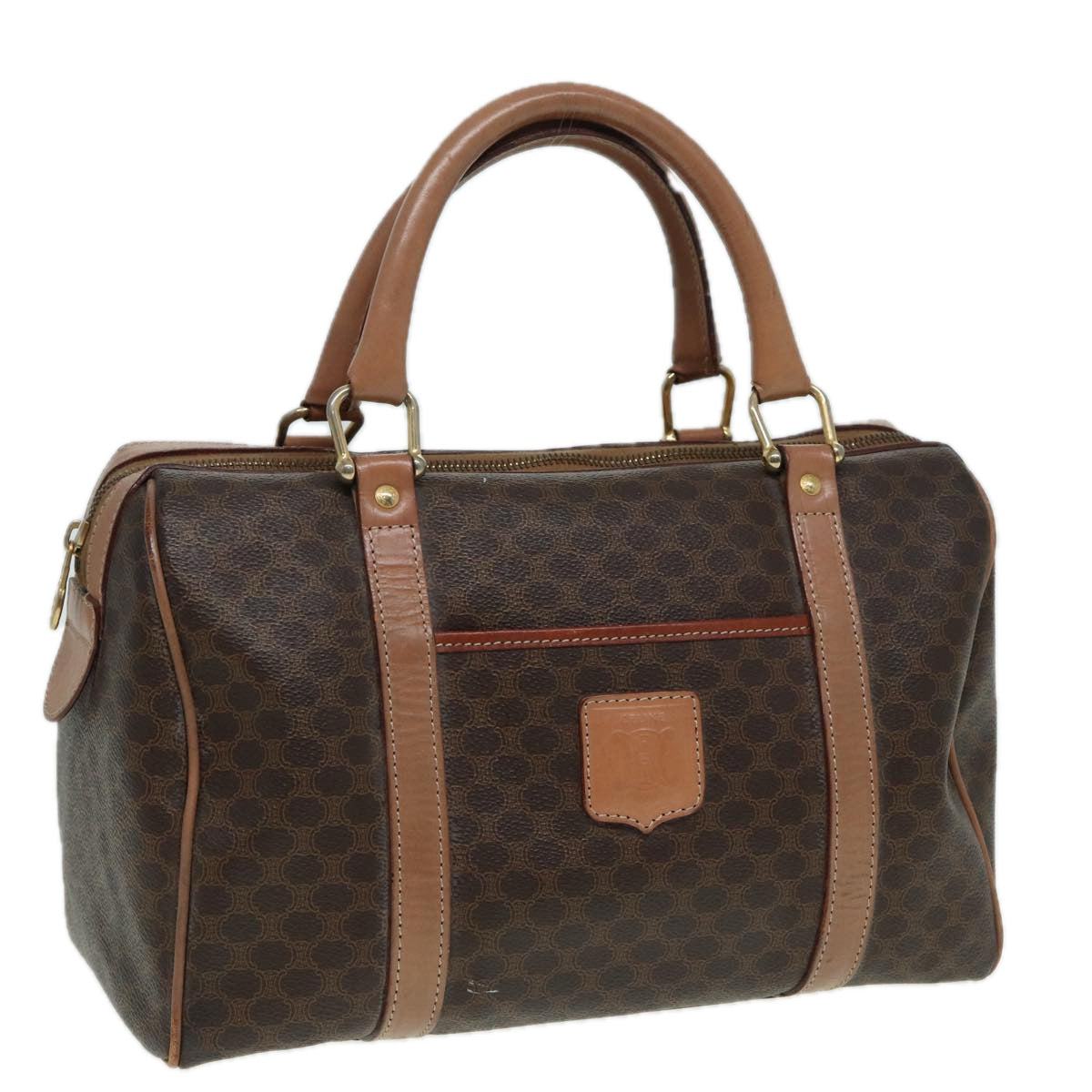 CELINE Macadam Canvas Boston Bag PVC Leather Brown Auth 83343