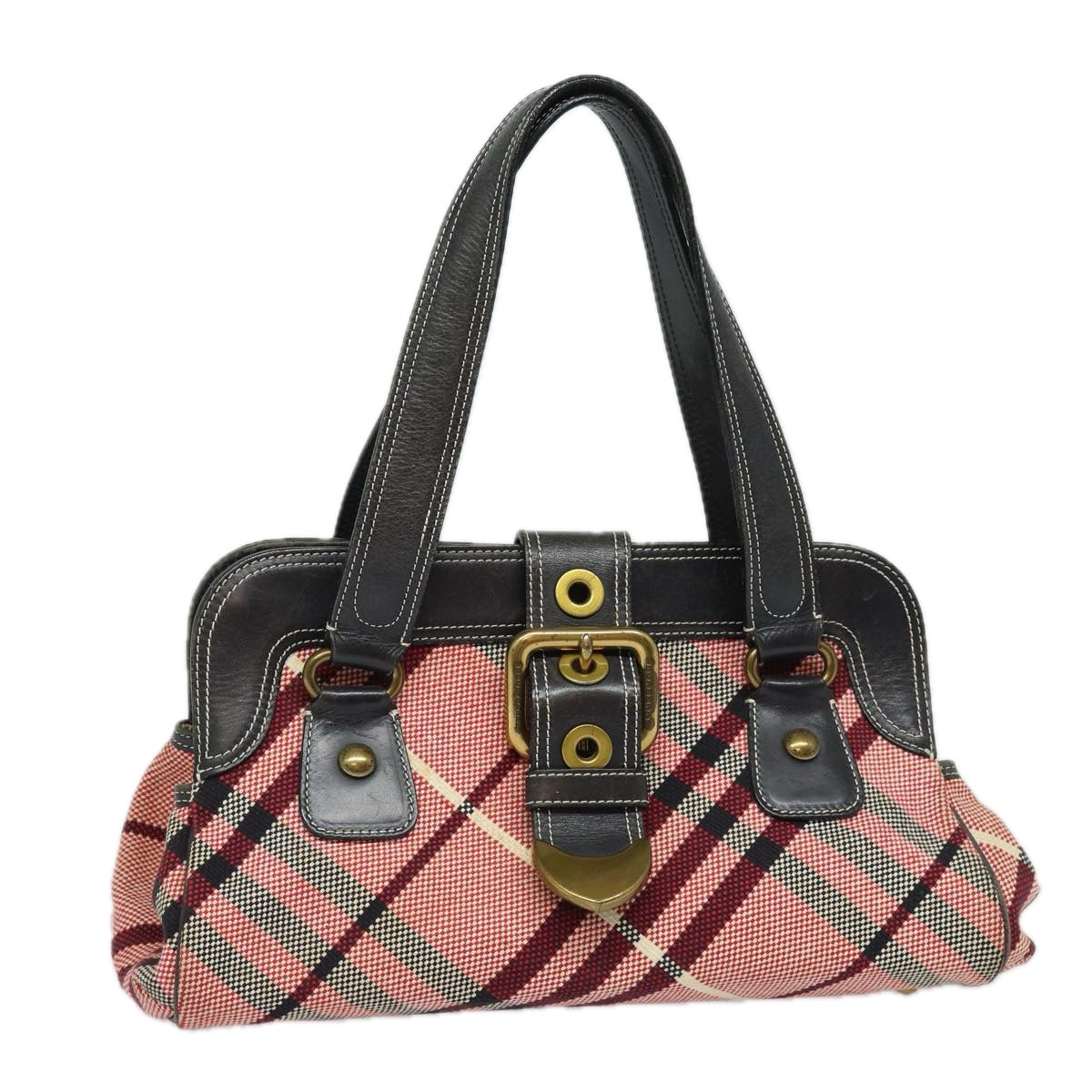 BURBERRY Nova Check Hand Bag Canvas Red Dark Brown Auth 83360