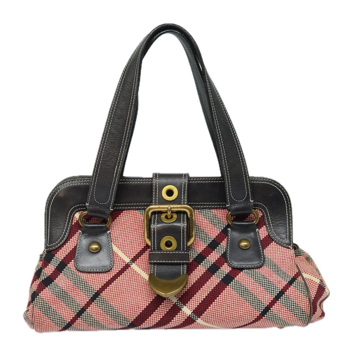 BURBERRY Nova Check Hand Bag Canvas Red Dark Brown Auth 83360