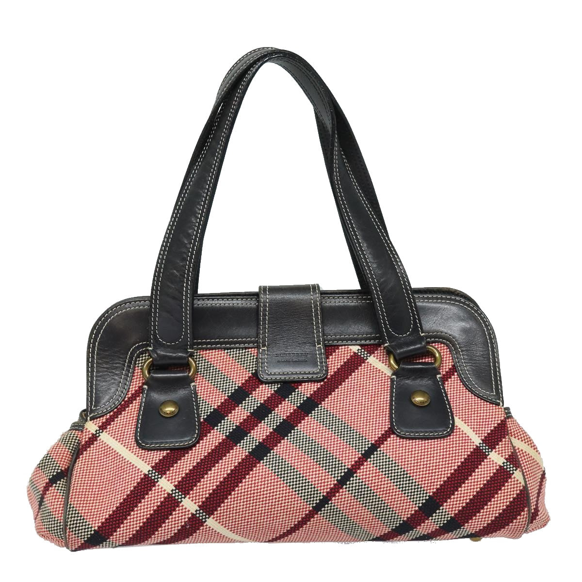 BURBERRY Nova Check Hand Bag Canvas Red Dark Brown Auth 83360