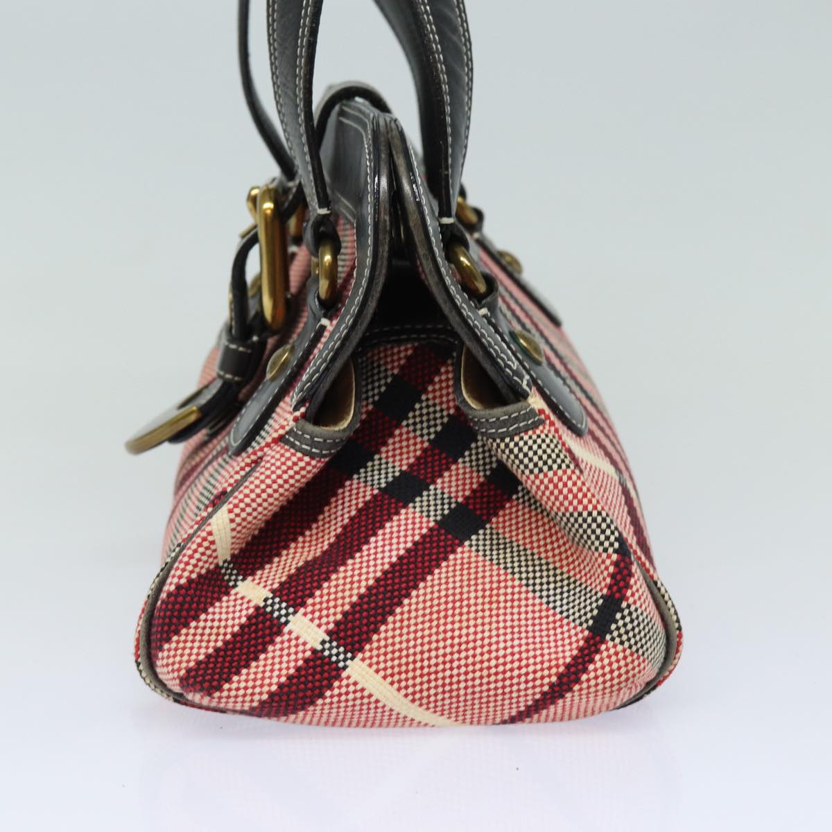 BURBERRY Nova Check Hand Bag Canvas Red Dark Brown Auth 83360