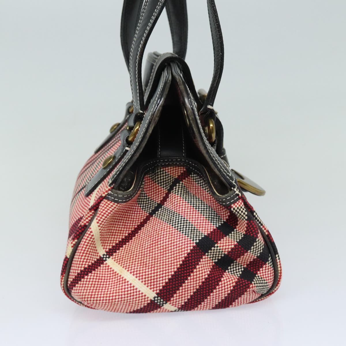 BURBERRY Nova Check Hand Bag Canvas Red Dark Brown Auth 83360