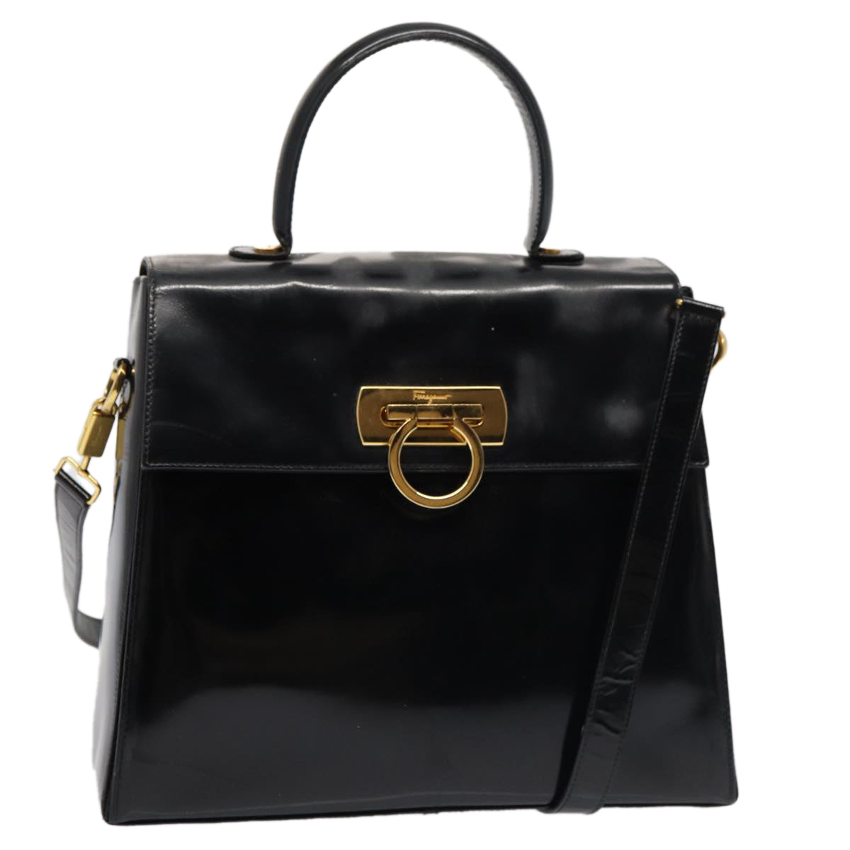 Salvatore Ferragamo Gancini Hand Bag Enamel 2way Black Auth 83368