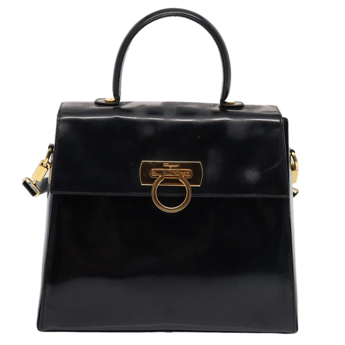 Salvatore Ferragamo Gancini Hand Bag Enamel 2way Black Auth 83368 - 0