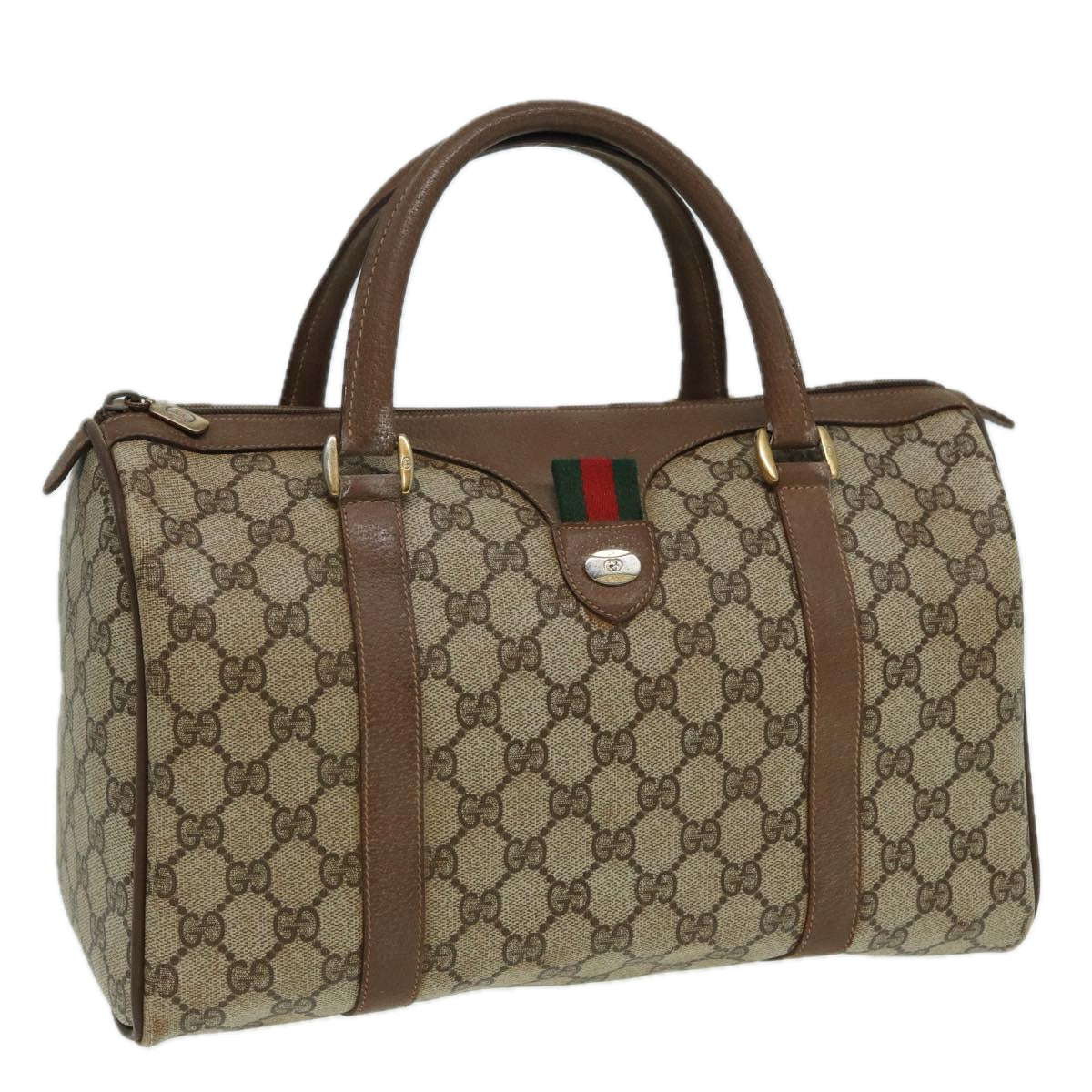 GUCCI GG Supreme Web Sherry Line Boston Bag PVC Beige Red 111 02 007 Auth 83384