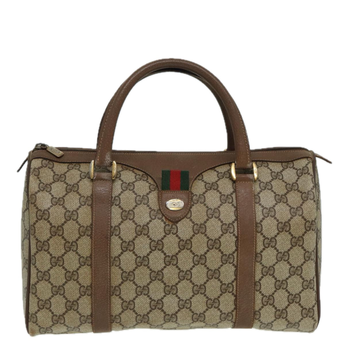 GUCCI GG Supreme Web Sherry Line Boston Bag PVC Beige Red 111 02 007 Auth 83384