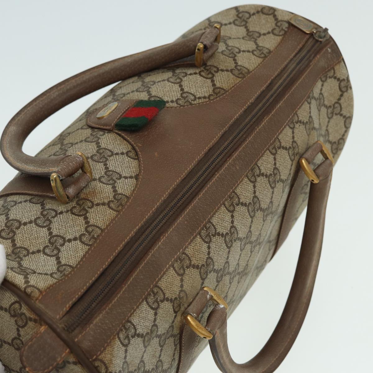 GUCCI GG Supreme Web Sherry Line Boston Bag PVC Beige Red 111 02 007 Auth 83384