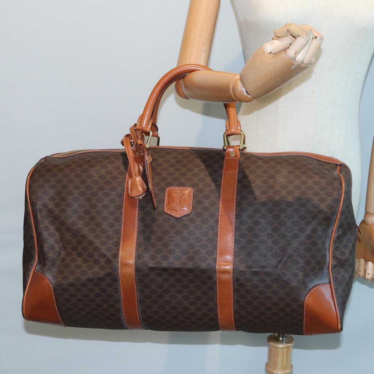 CELINE Macadam Canvas Boston Bag PVC Leather Brown Auth 83386