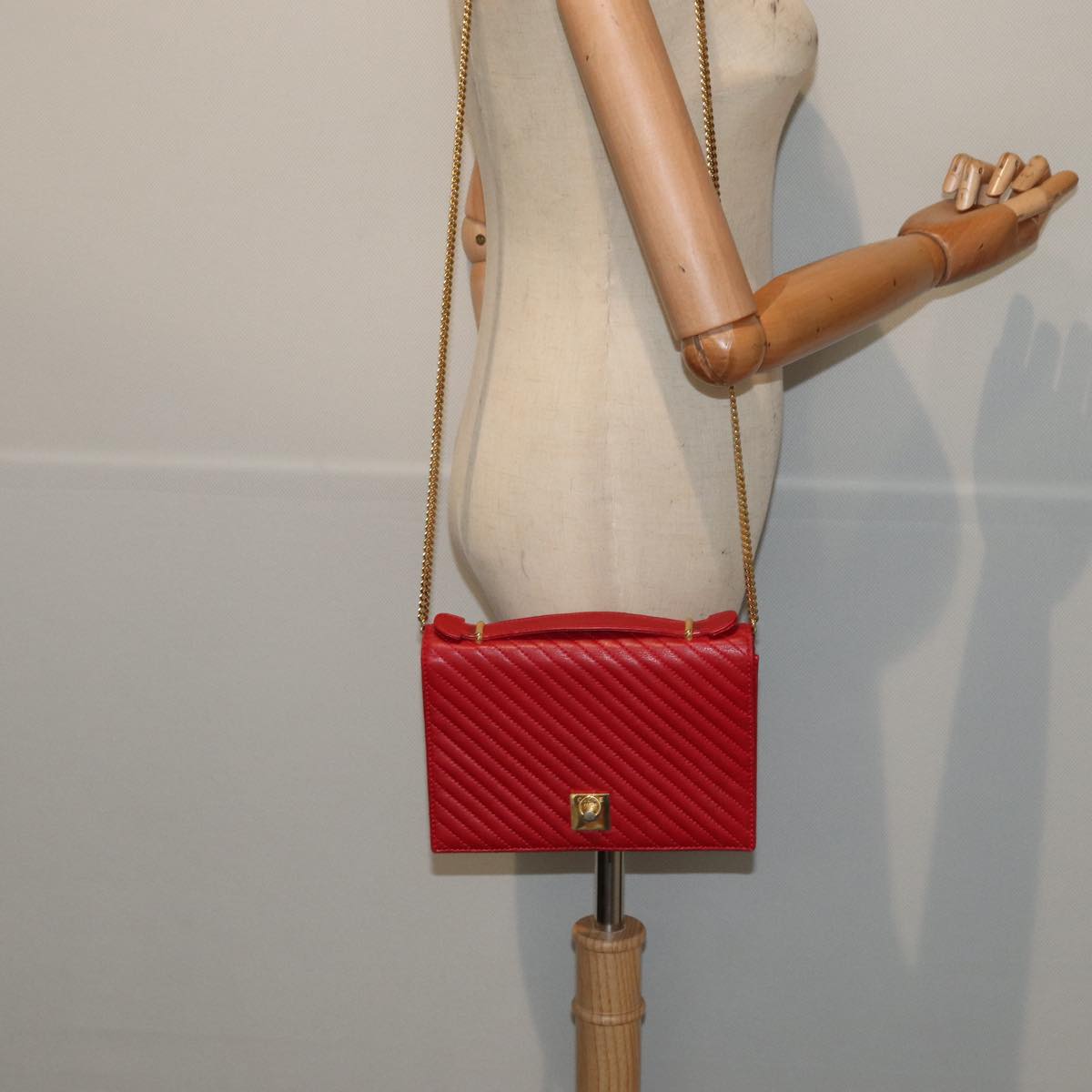 CELINE Chain Shoulder Bag Leather Red Auth 83473