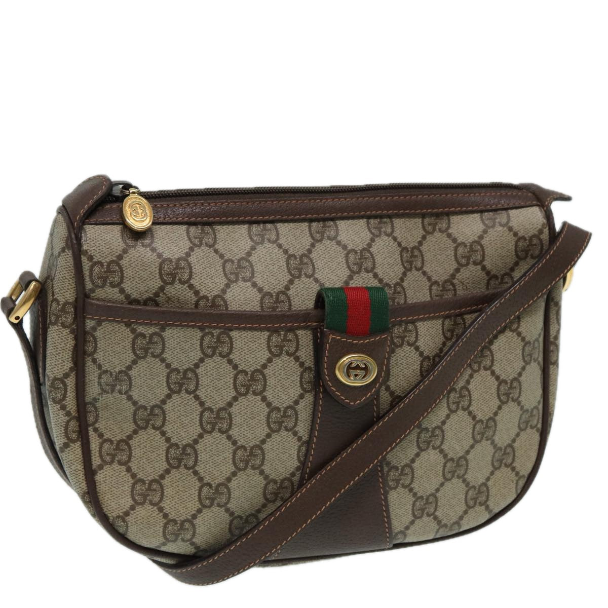 GUCCI GG canvas Web Sherry Line Shoulder Bag PVC Leather Beige Auth 83475