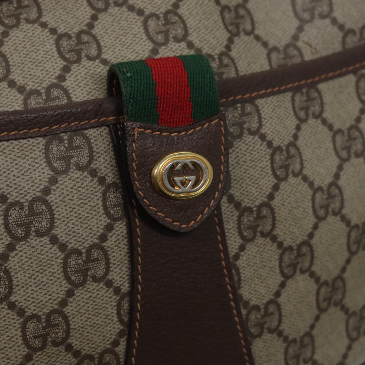 GUCCI GG canvas Web Sherry Line Shoulder Bag PVC Leather Beige Auth 83475