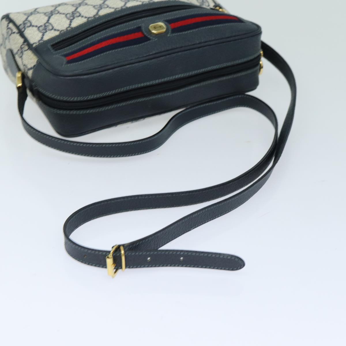 GUCCI GG Supreme Sherry Line Shoulder Bag PVC Navy Red Auth 83572