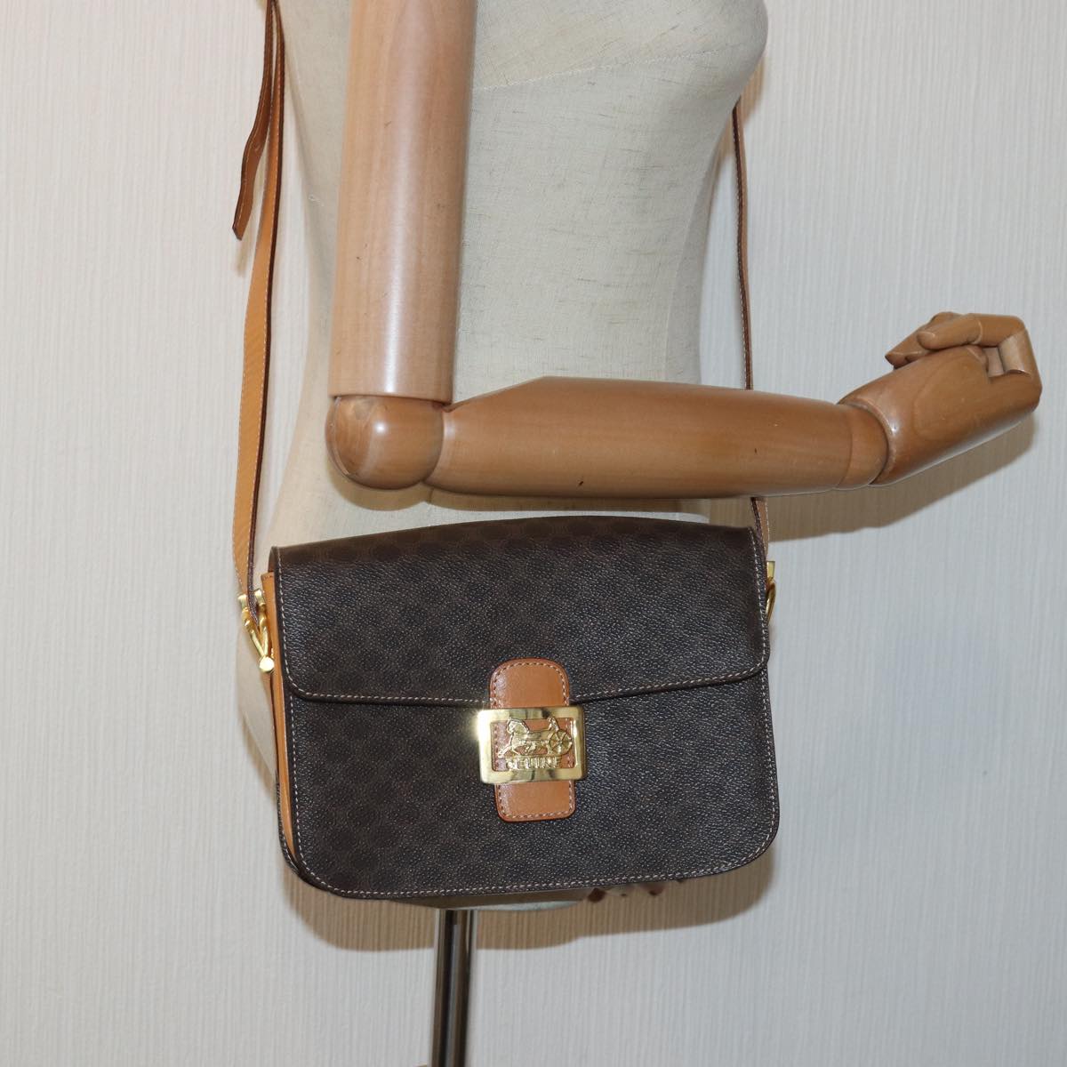 CELINE Macadam Canvas Shoulder Bag PVC Leather Brown Auth 83573