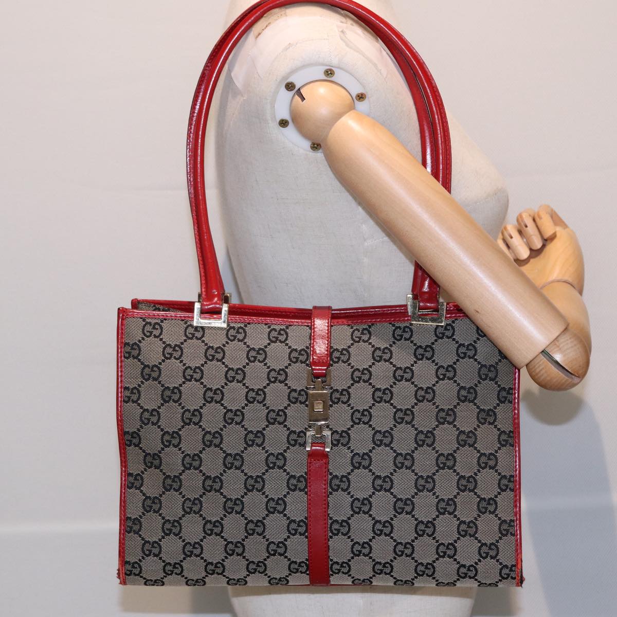 GUCCI GG Canvas Jackie Hand Bag Beige Red 002 1073 002122 Auth 83658