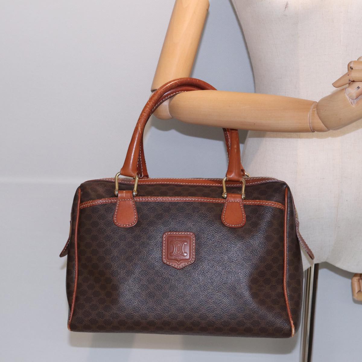 CELINE Macadam Canvas Boston Bag PVC Leather Brown Auth 83675