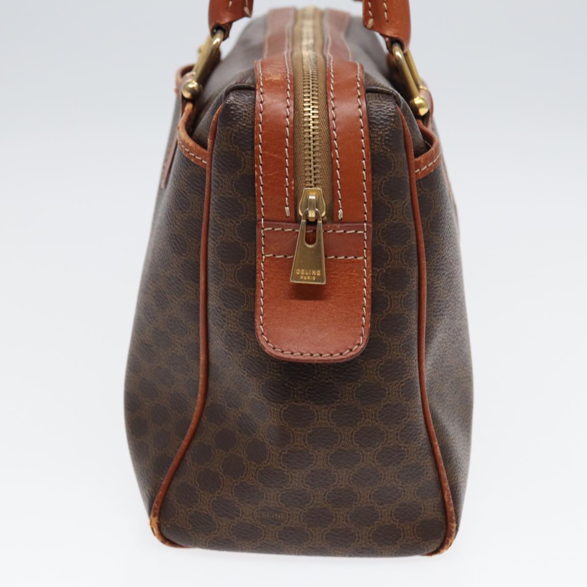 CELINE Macadam Canvas Boston Bag PVC Leather Brown Auth 83675