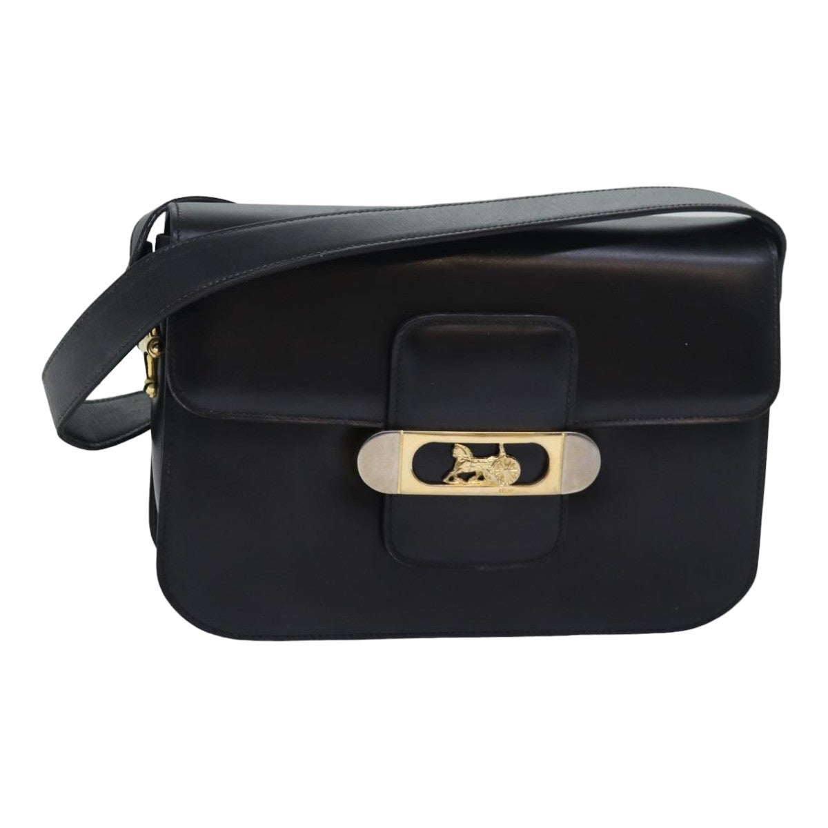 CELINE Shoulder Bag Leather Black Auth 83680