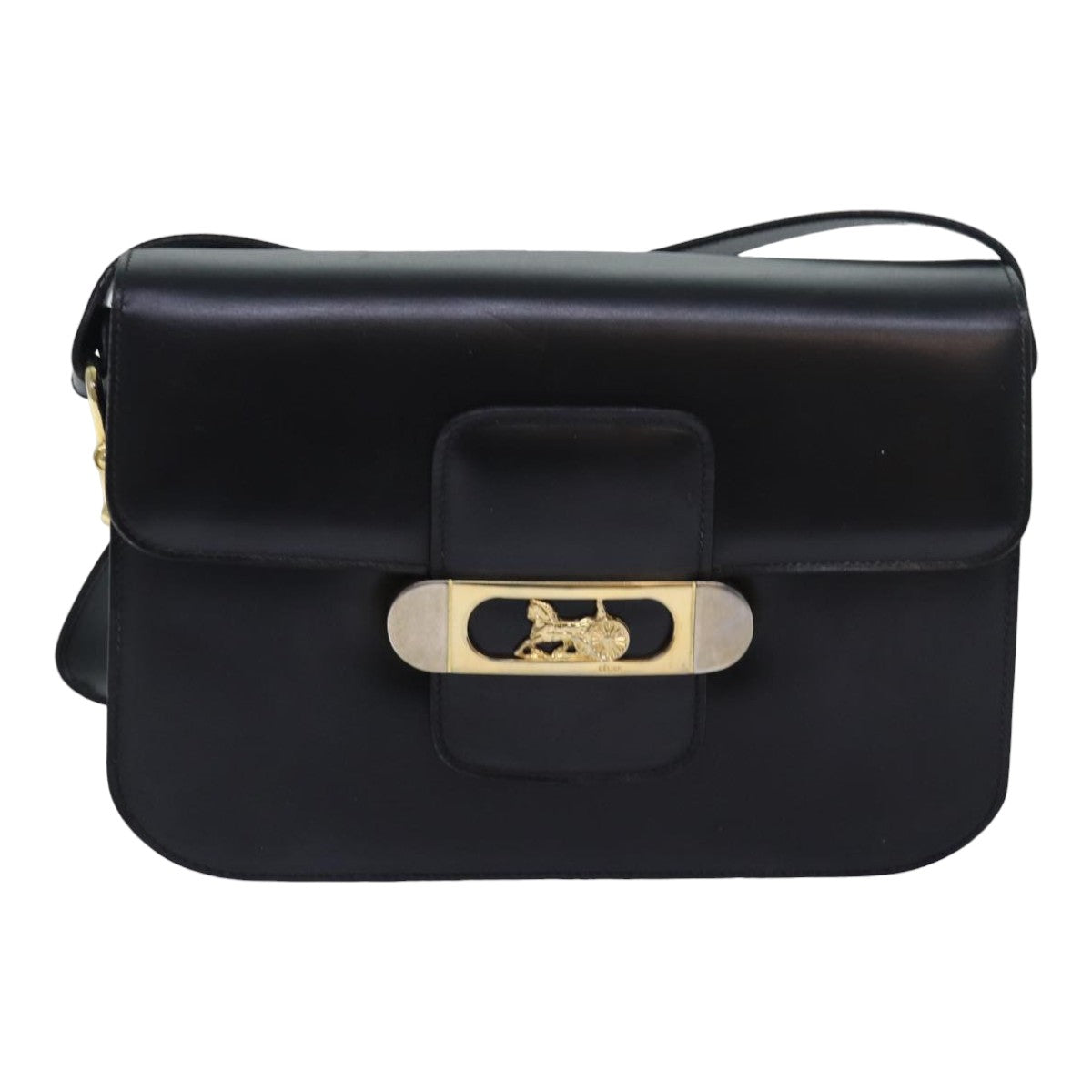 CELINE Shoulder Bag Leather Black Auth 83680