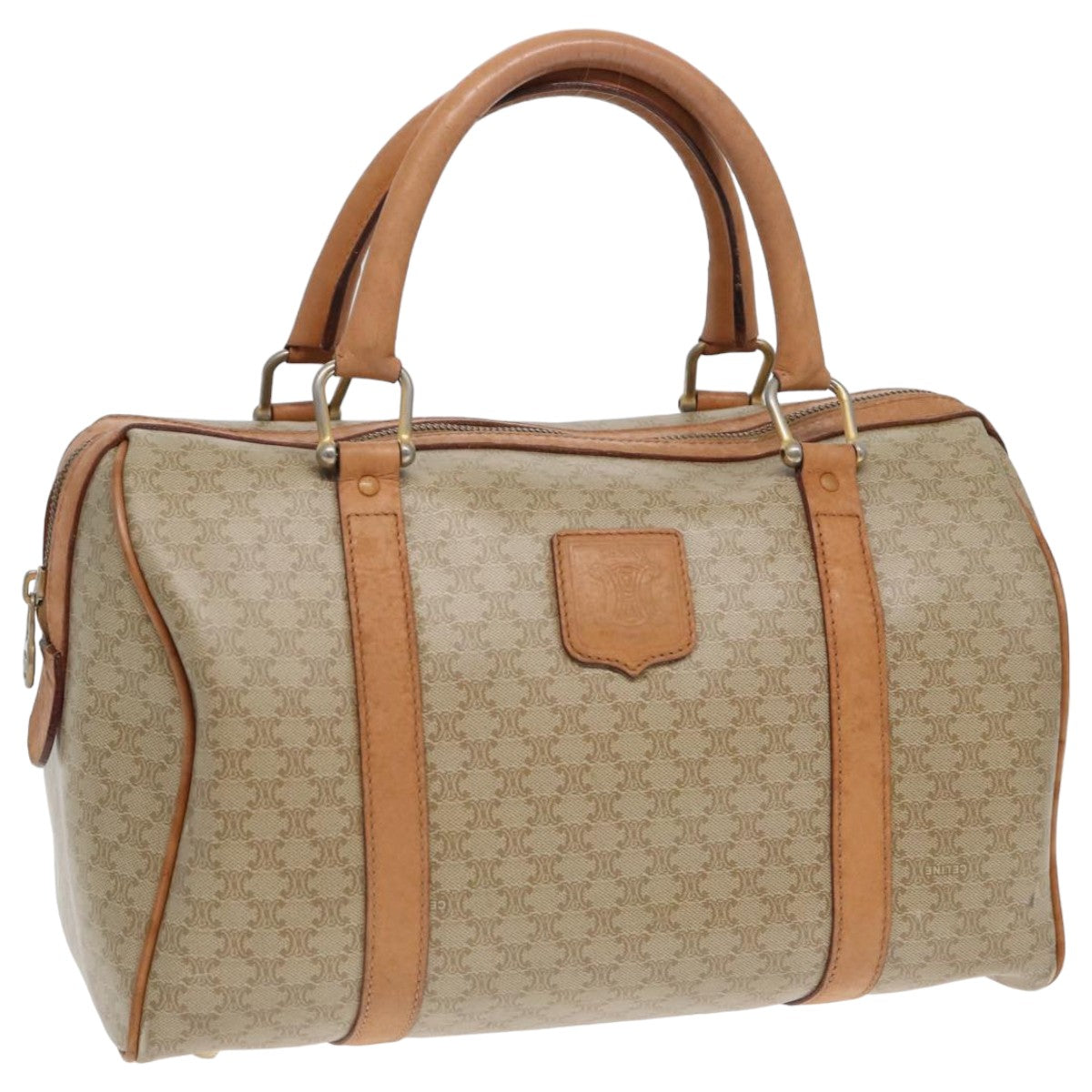 CELINE Macadam Canvas Boston Bag PVC Leather Beige Auth 83681