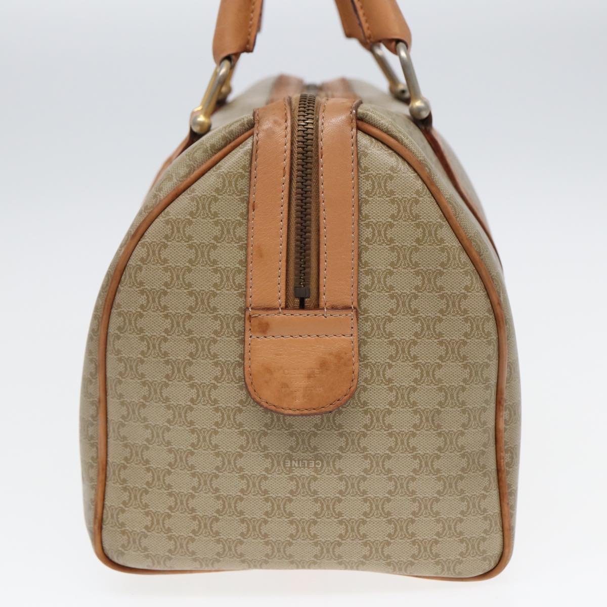 CELINE Macadam Canvas Boston Bag PVC Leather Beige Auth 83681