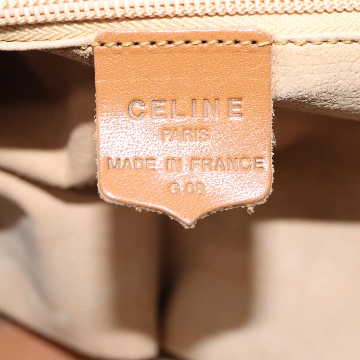 CELINE Macadam Canvas Boston Bag PVC Leather Beige Auth 83682