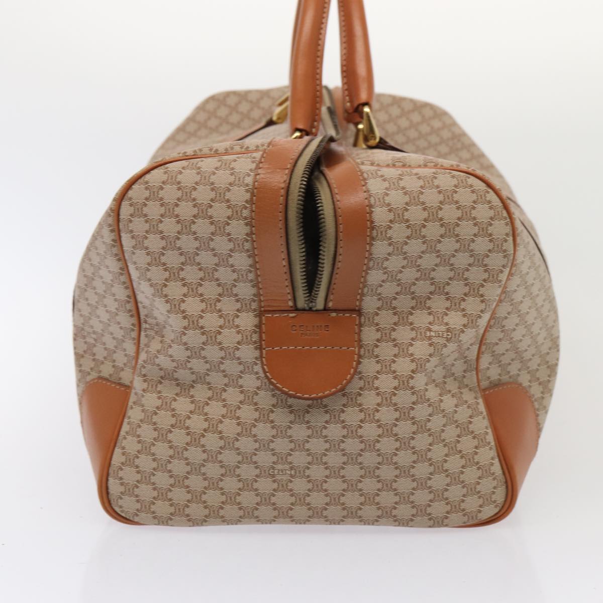 CELINE Macadam Canvas Boston Bag PVC Leather Beige Auth 83682