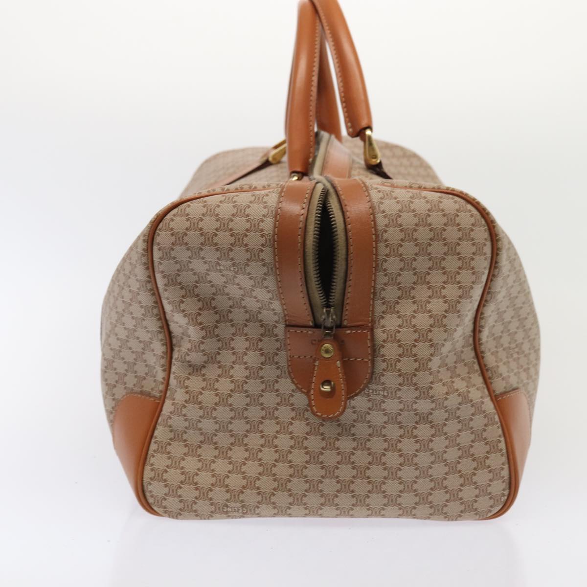 CELINE Macadam Canvas Boston Bag PVC Leather Beige Auth 83682