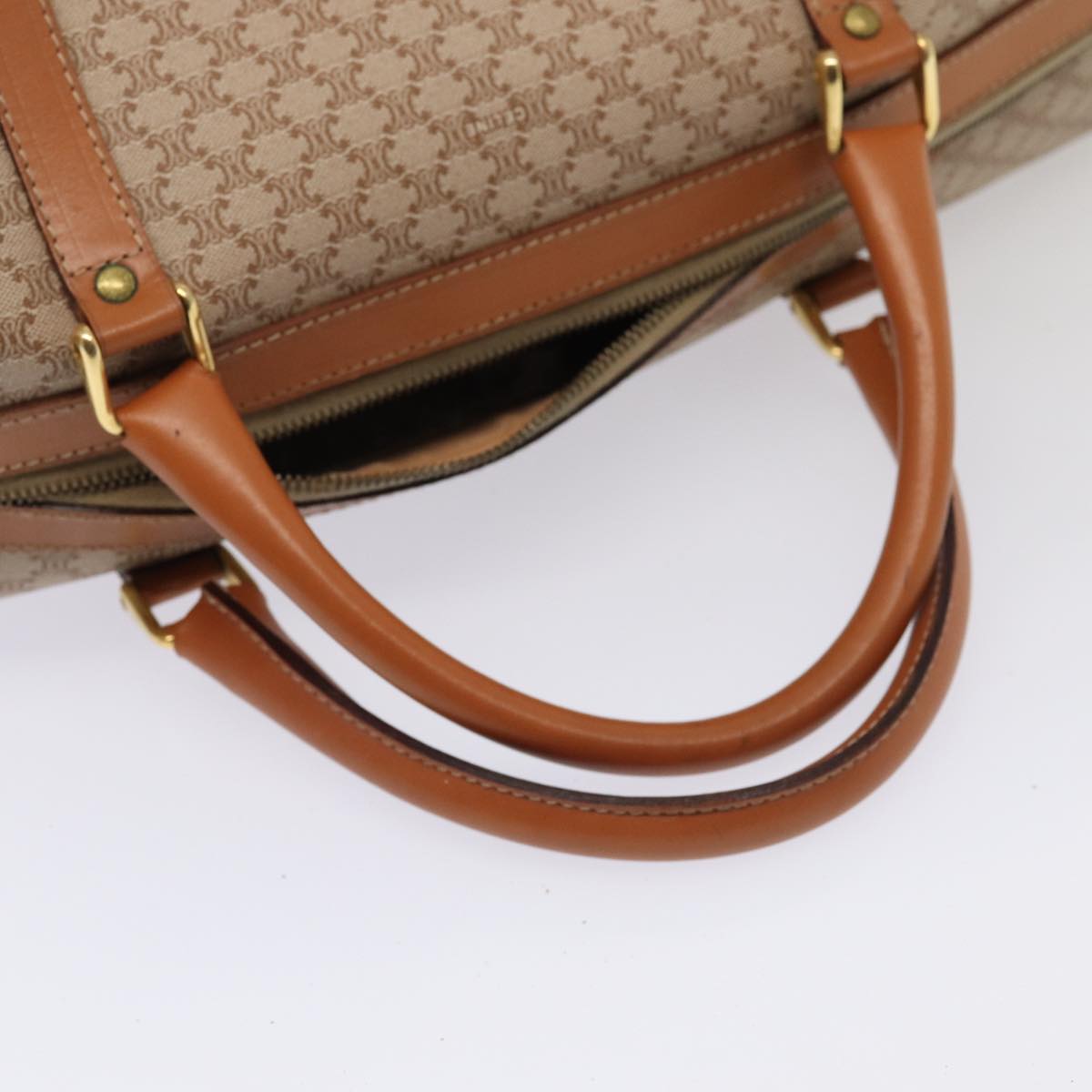 CELINE Macadam Canvas Boston Bag PVC Leather Beige Auth 83682