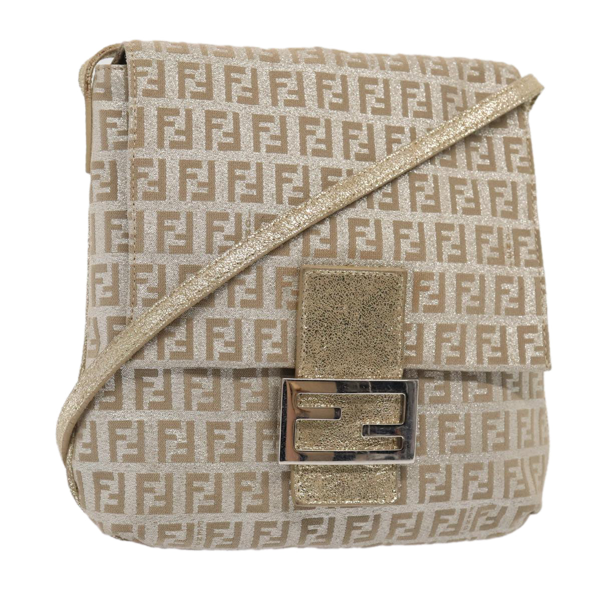 FENDI Zucchino Canvas Shoulder Bag Silver Auth 83685