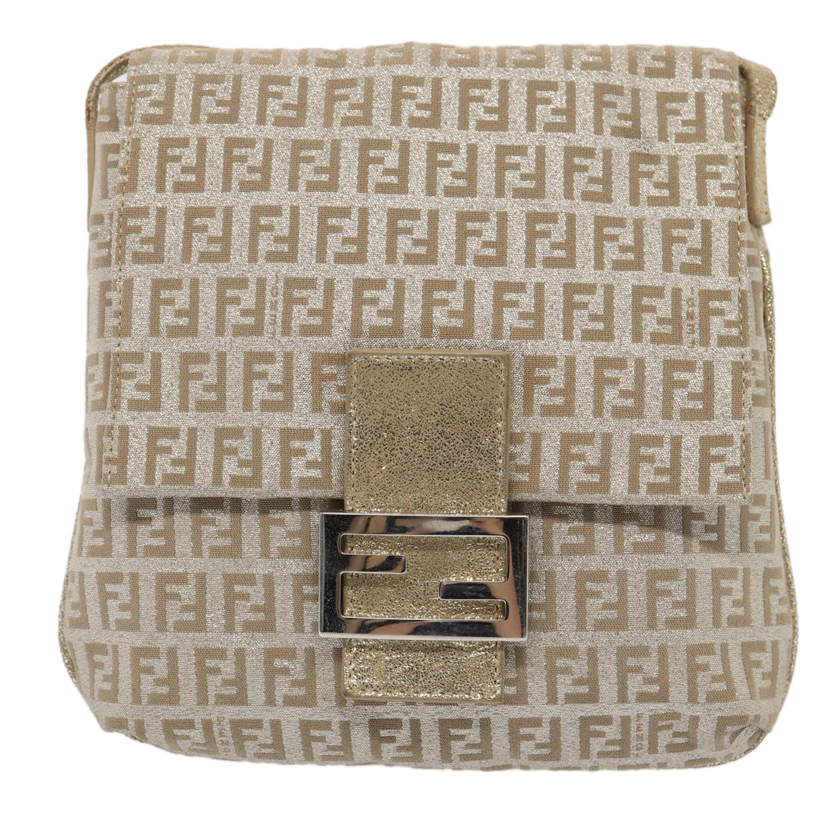 FENDI Zucchino Canvas Shoulder Bag Silver Auth 83685