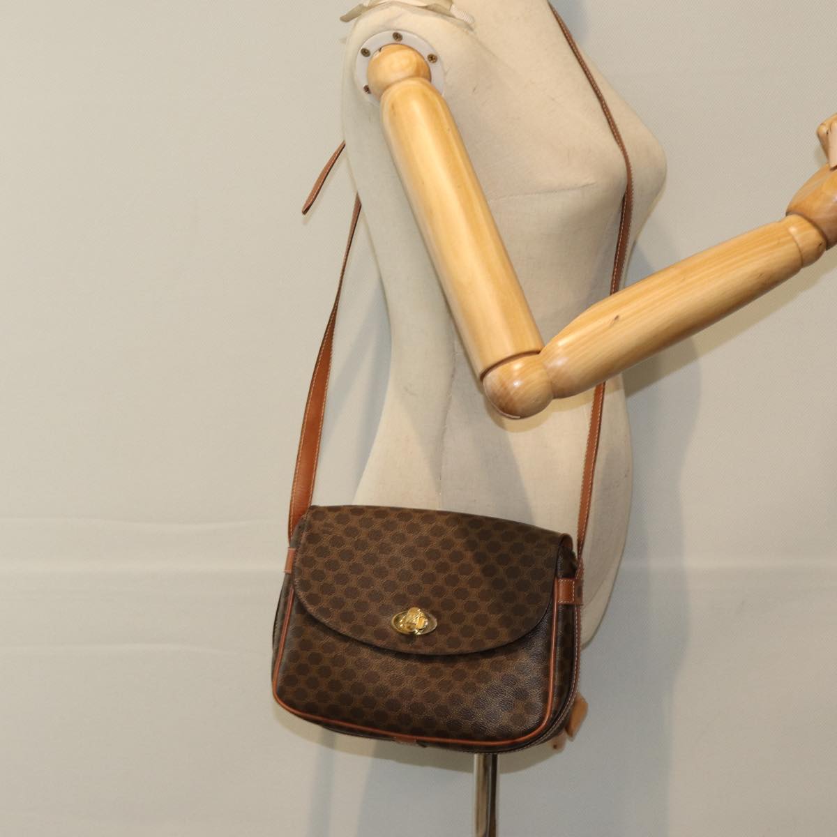 CELINE Macadam Canvas Shoulder Bag PVC Leather Brown Auth 83742