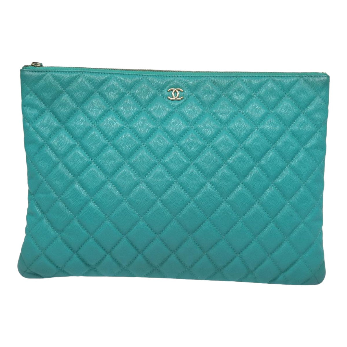 CHANEL Clutch Bag Caviar Skin Turquoise Blue CC Auth 83807A - 0