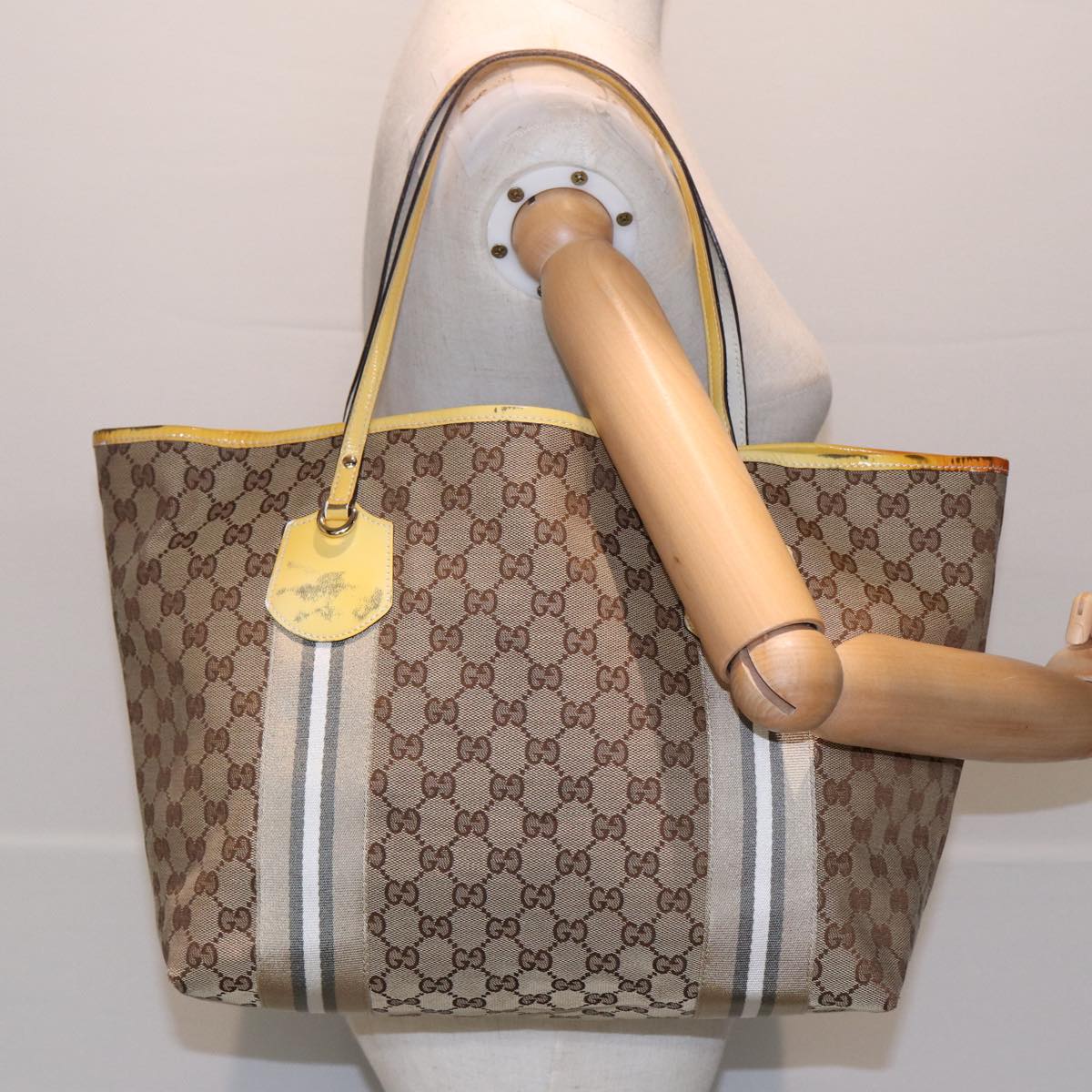 GUCCI GG Canvas Sherry Line Tote Bag Beige Yellow Auth 83816