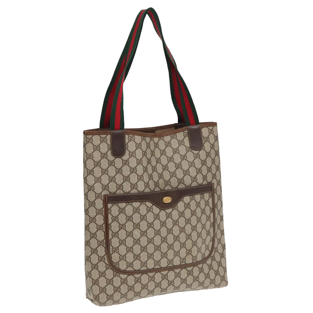 GUCCI GG Canvas Web Sherry Line Tote Bag PVC Leather Beige Green Red Auth 83817